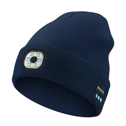 Bluetooth Beanie Hat with Light, Unisex USB Rechargeable 4 LED Headlamp Cap with