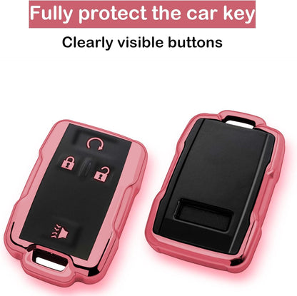 Chevy key fob cover, TPU, 4-btn, fits GMC/Chevy models, red, w/keychain.