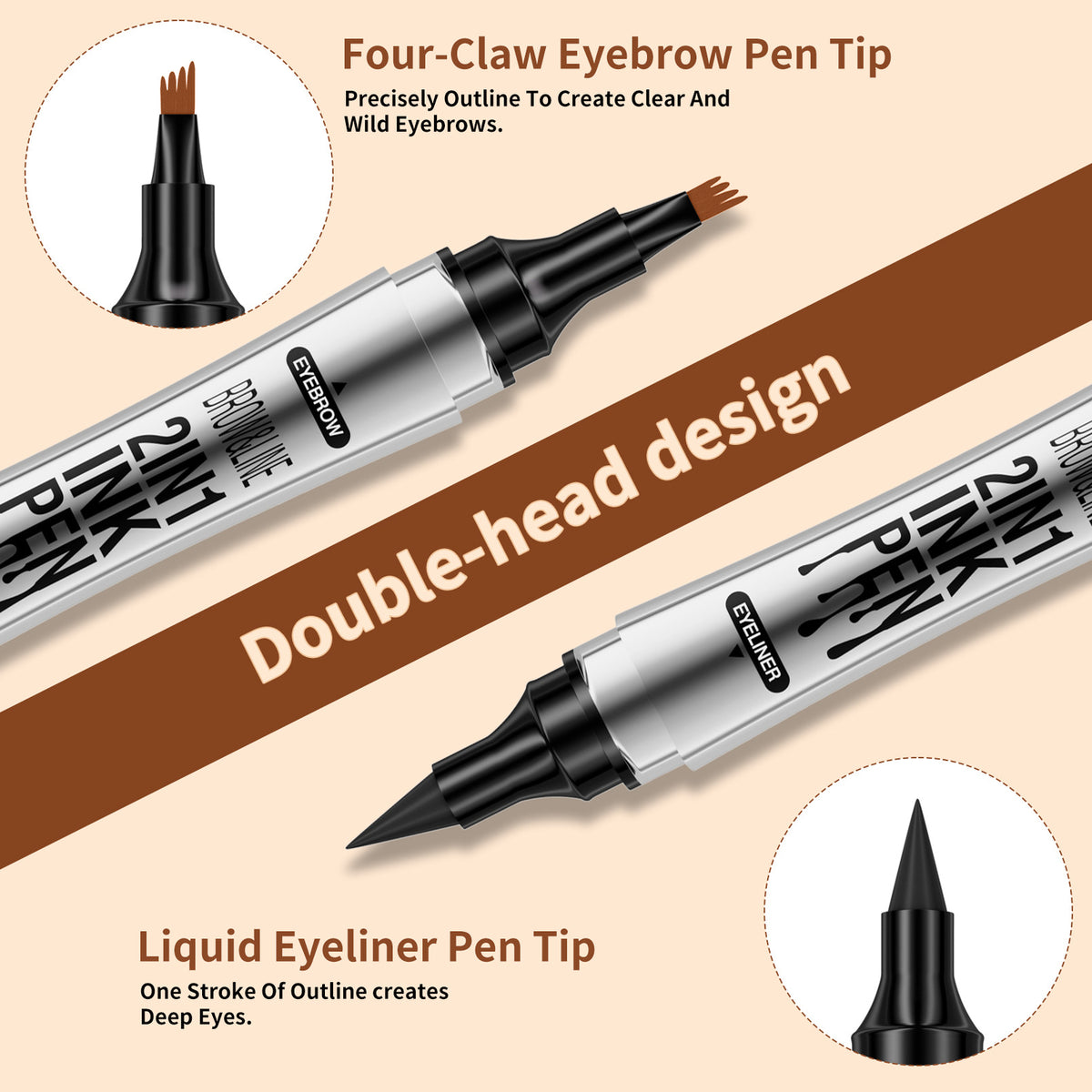 2in1 4 Forked Eyebrow Liner Brow Pen Eyeliner - Real Hair Strokes, Waterproof