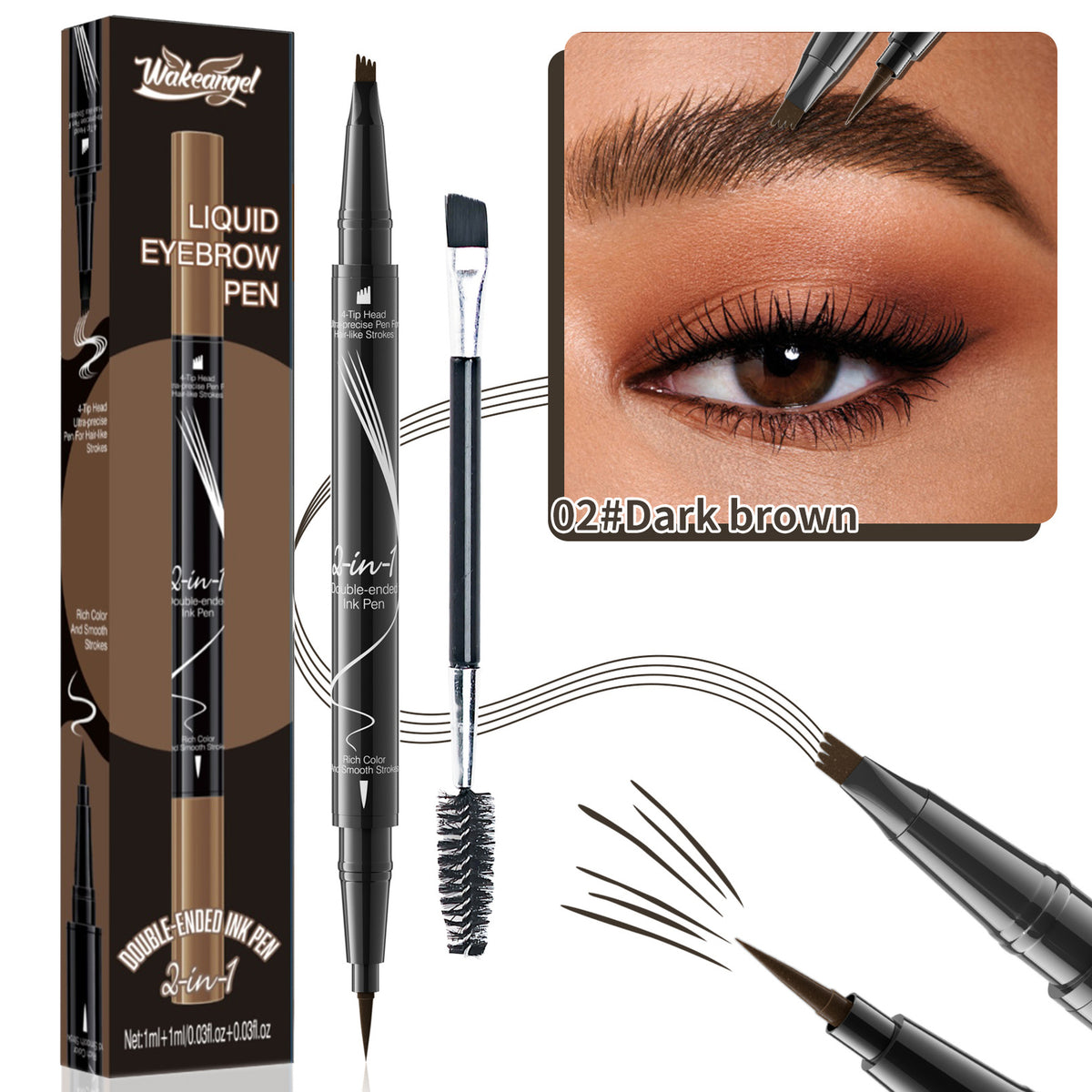4-Prong Dual-Ended Eyebrow Liner - Quick-Dry, Waterproof, W/Spoolie Brush