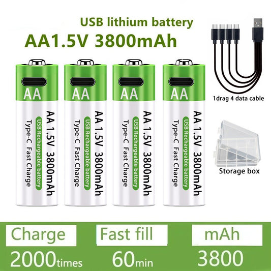 AA 1.5V 3800mAh Li-ion Battery with Type-C USB Constant Voltage Fast Charging