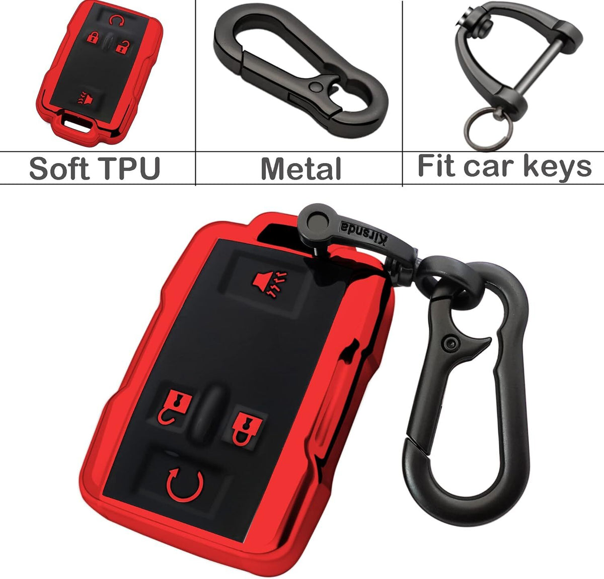 Chevy key fob cover, TPU, 4-btn, fits GMC/Chevy models, red, w/keychain.