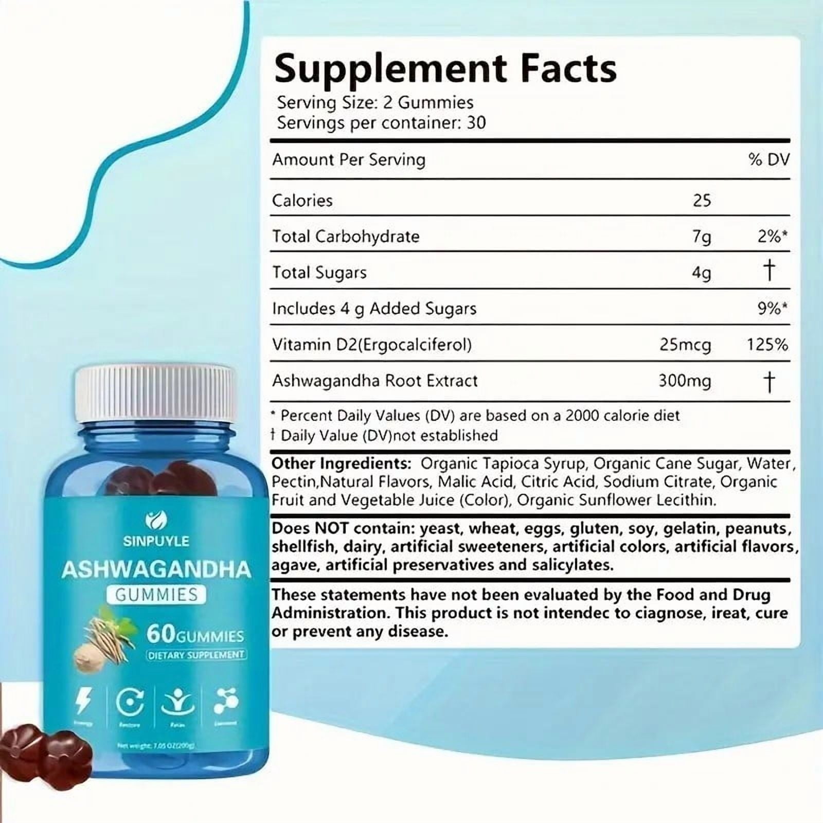 Sinpuyle Ashwagandha Gummies Natural Adaptogen Supplement-1 Bottle 60 Count