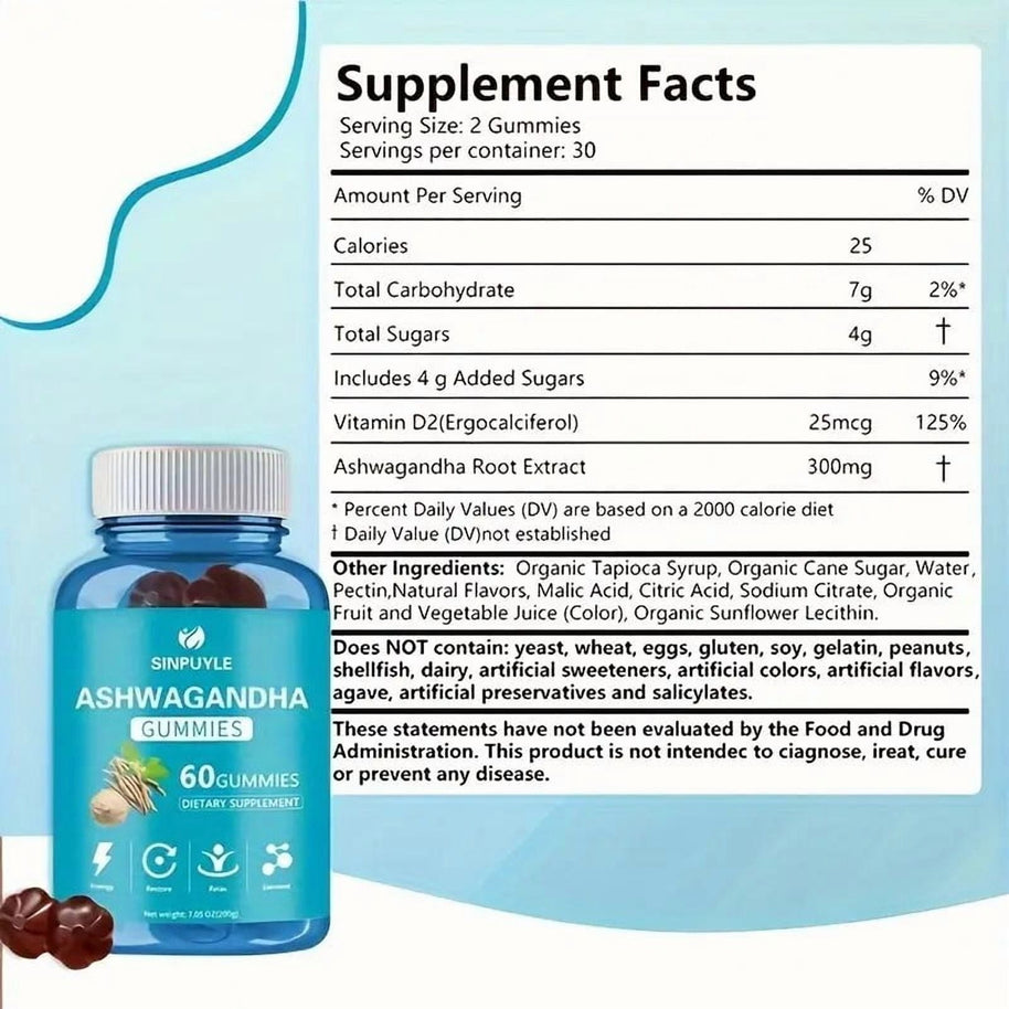 Sinpuyle Ashwagandha Gummies Natural Adaptogen Supplement-1 Bottle 60 Count