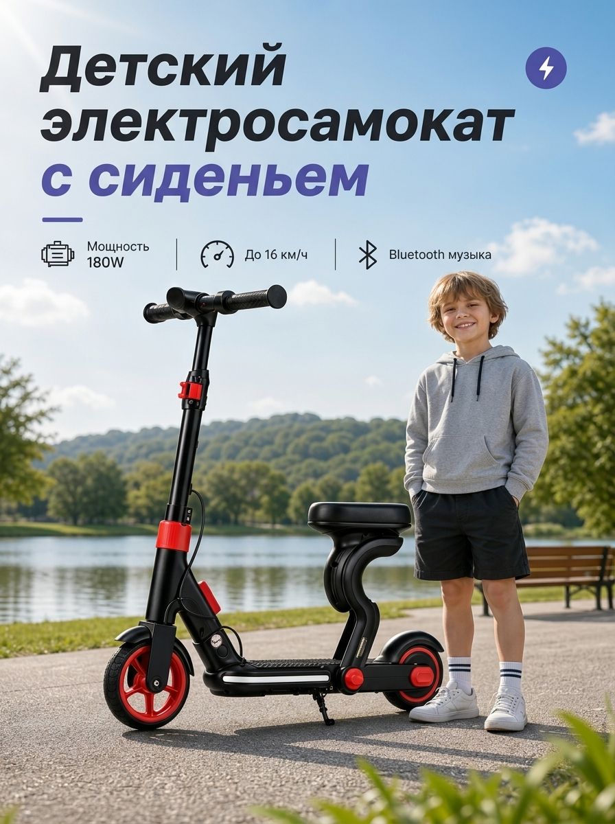 Электросамокат для детей 24V 180W складной, 6.5 дюймов, портативный с сиденьем, запас хода до 10 км, 3000 мАч