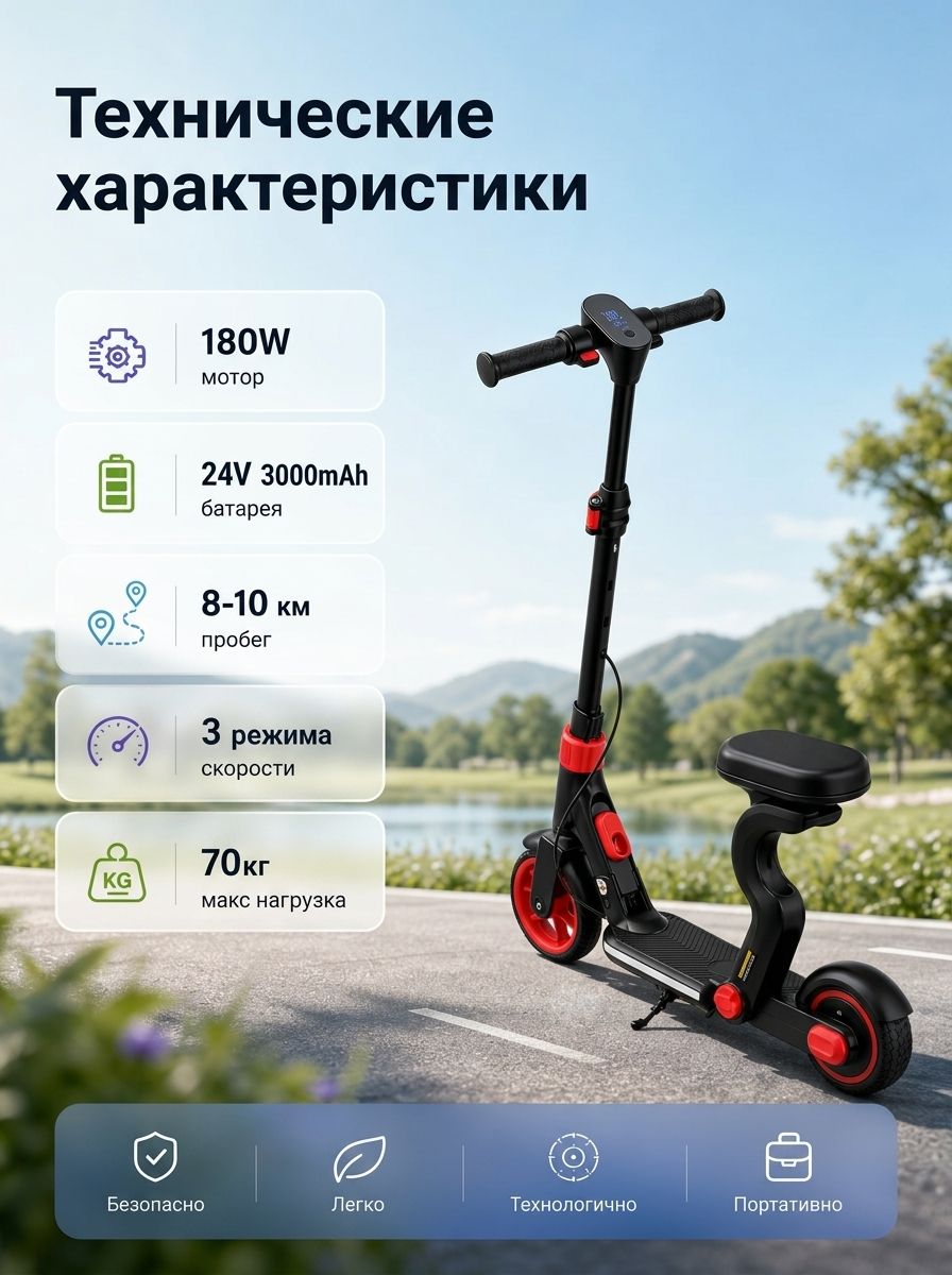 Детский электросамокат 24V 180W складной, 6.5 дюймов, с сиденьем и подъемом, портативный, запас хода до 10 км