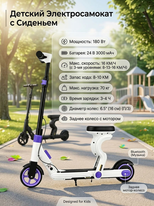 Электросамокат детский складной 24V 180W, 6.5 дюймов, с сиденьем, запас хода до 10 км, аккумулятор 3000 мАч