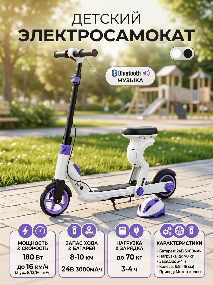 Электросамокат для детей 24V 180W складной, 6.5 дюймов, портативный с сиденьем, запас хода до 10 км, 3000 мАч