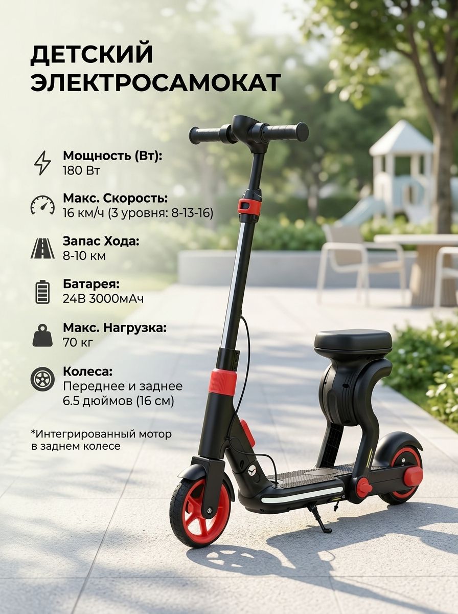 Электросамокат для детей 24V 180W складной, 6.5 дюймов, портативный с сиденьем, запас хода до 10 км, 3000 мАч
