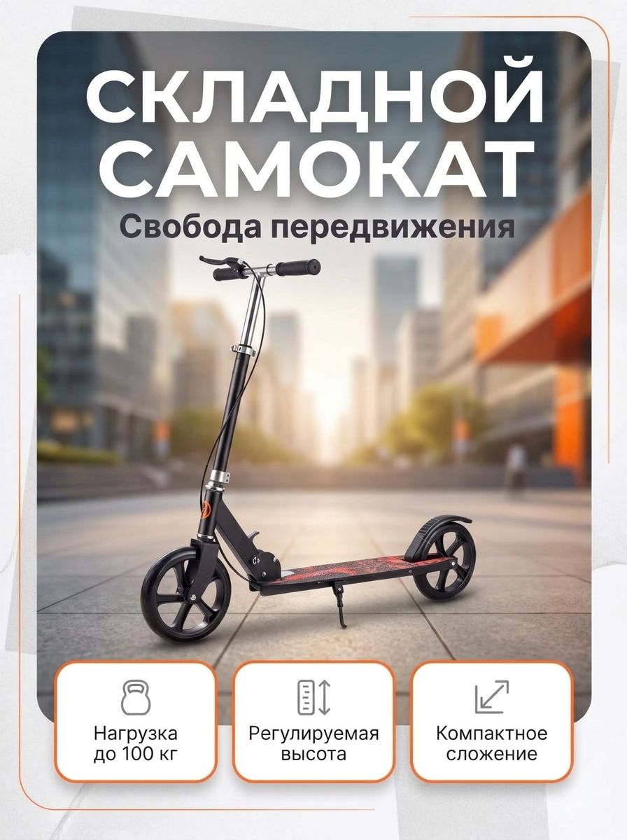 Самокат складной городской для взрослых и подростков, двухколесный, большие колеса, для студентов и учебных заведений