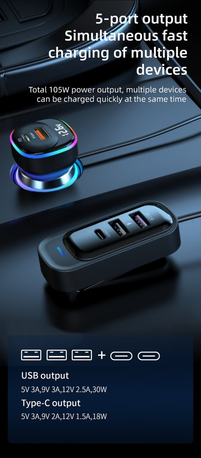 30W PD Fast Car Charger with Built-in Cable Rear Seat Multi-Port Clip