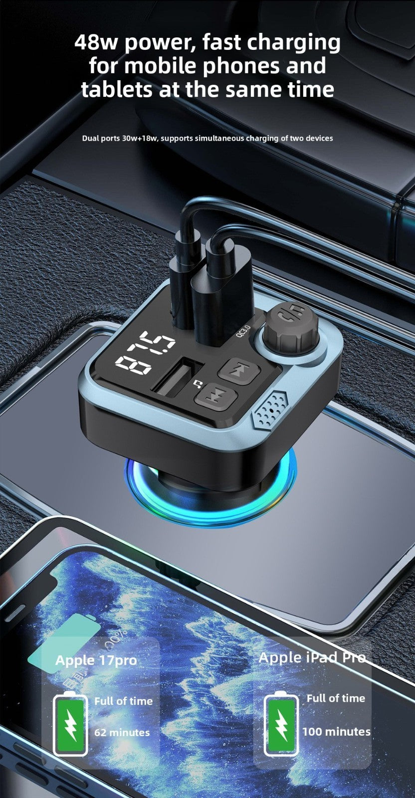 Handsfree Bluetooth Car FM Transmitter MP3 Player PD 30W Fast Charger
