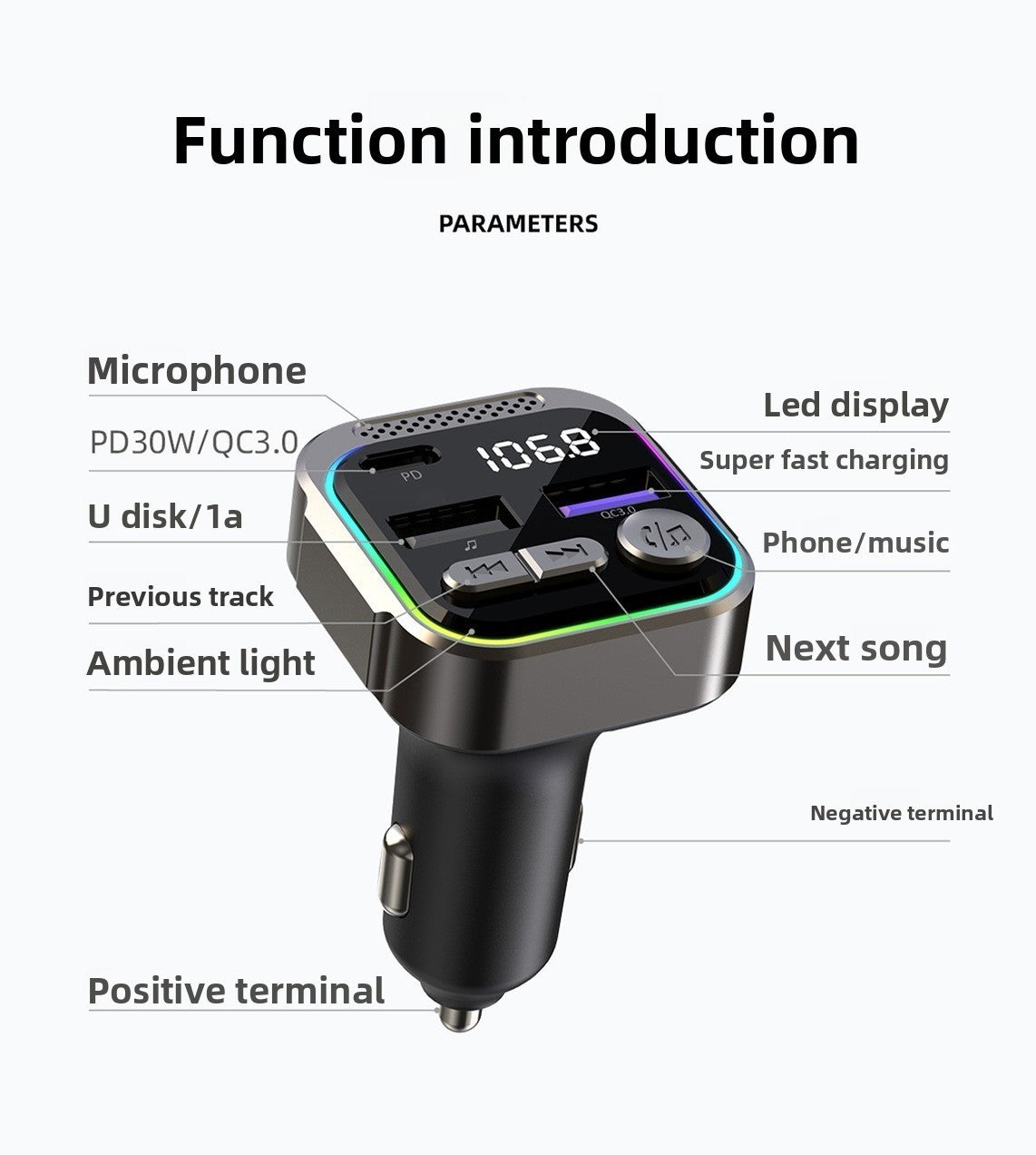 Aluminum Alloy Car Bluetooth MP3 Player FM Transmitter PD Fast Charging
