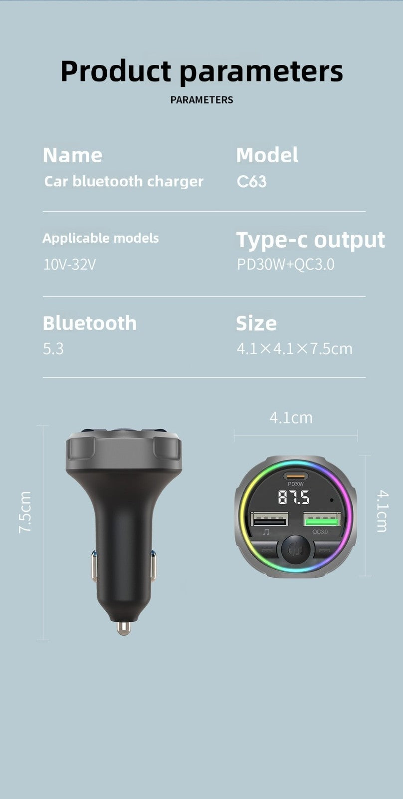 C63 Bluetooth Speakerphone Car FM Transmitter Super Fast Charging Visor Clip