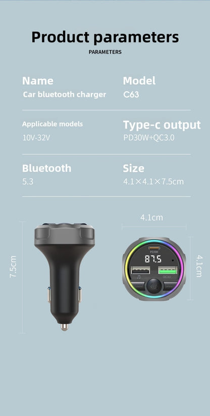 C63 Bluetooth Speakerphone Car FM Transmitter Super Fast Charging Visor Clip