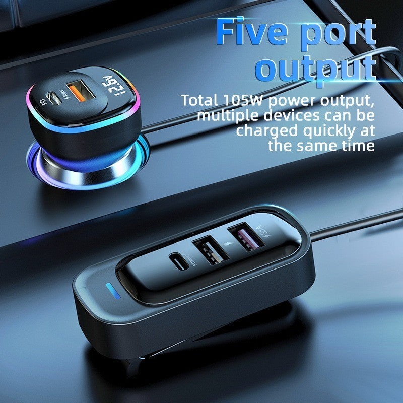 30W PD Fast Car Charger with Built-in Cable Rear Seat Multi-Port Clip