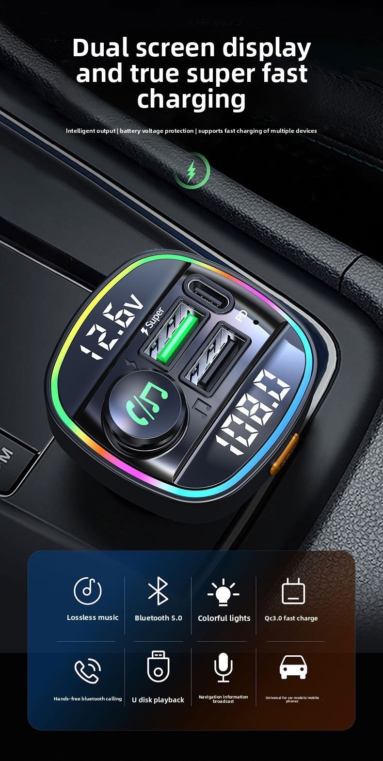 Bluetooth Car Receiver MP3 Player Dual Display Voltage PD Fast Charger