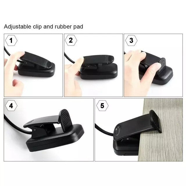 Gooseneck LED Reading Book Light Clip on Bed Rechargeable USB Table Night Lamp