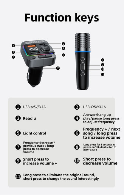 Wireless Bluetooth Karaoke Microphone Car MP3 Player FM Transmitter Charger