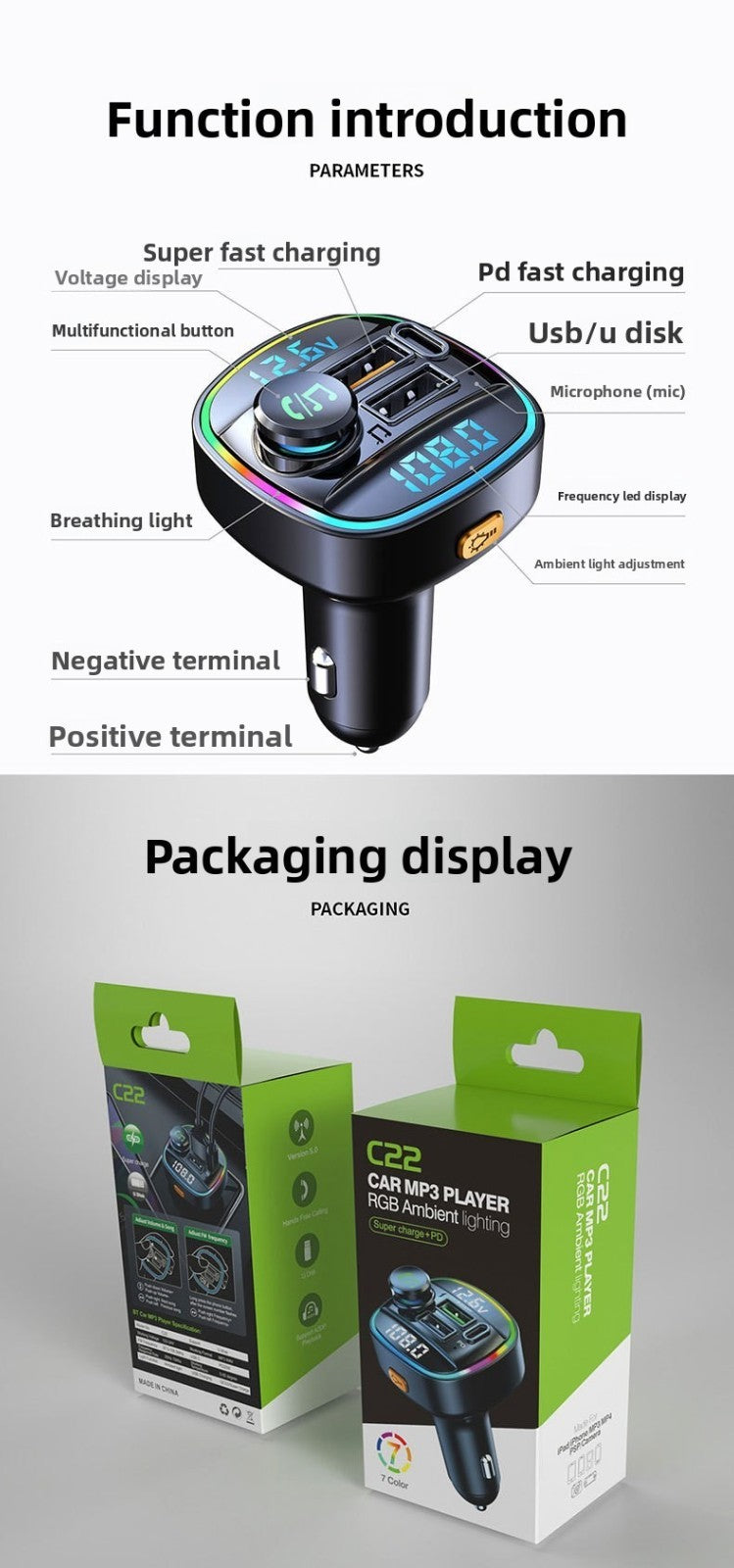 Bluetooth Car Receiver MP3 Player Dual Display Voltage PD Fast Charger