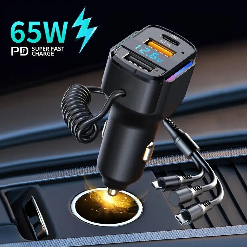 3-in-1 Cable Car PD Charger Dual USB Fast Charging Cigarette Lighter Adapter