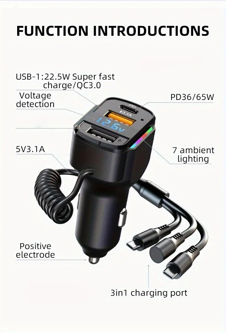 3-in-1 Cable Car PD Charger Dual USB Fast Charging Cigarette Lighter Adapter