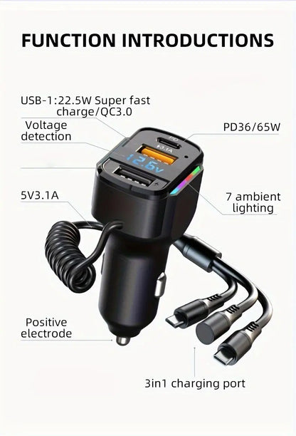 3-in-1 Cable Car PD Charger Dual USB Fast Charging Cigarette Lighter Adapter