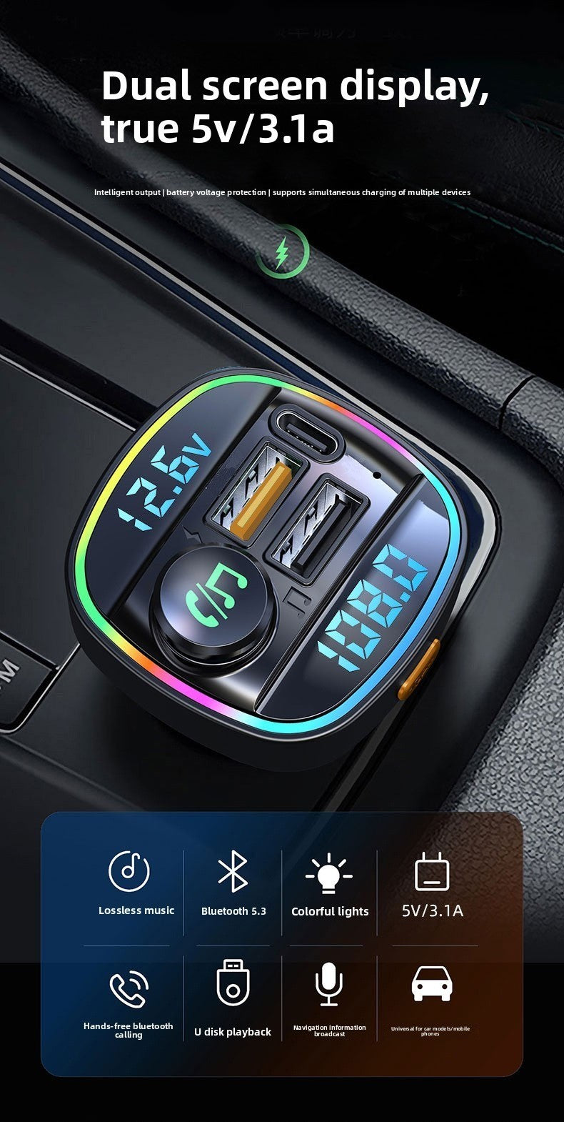 Car Bluetooth FM Transmitter MP3 Player Dual USB Fast Charger Dual Display