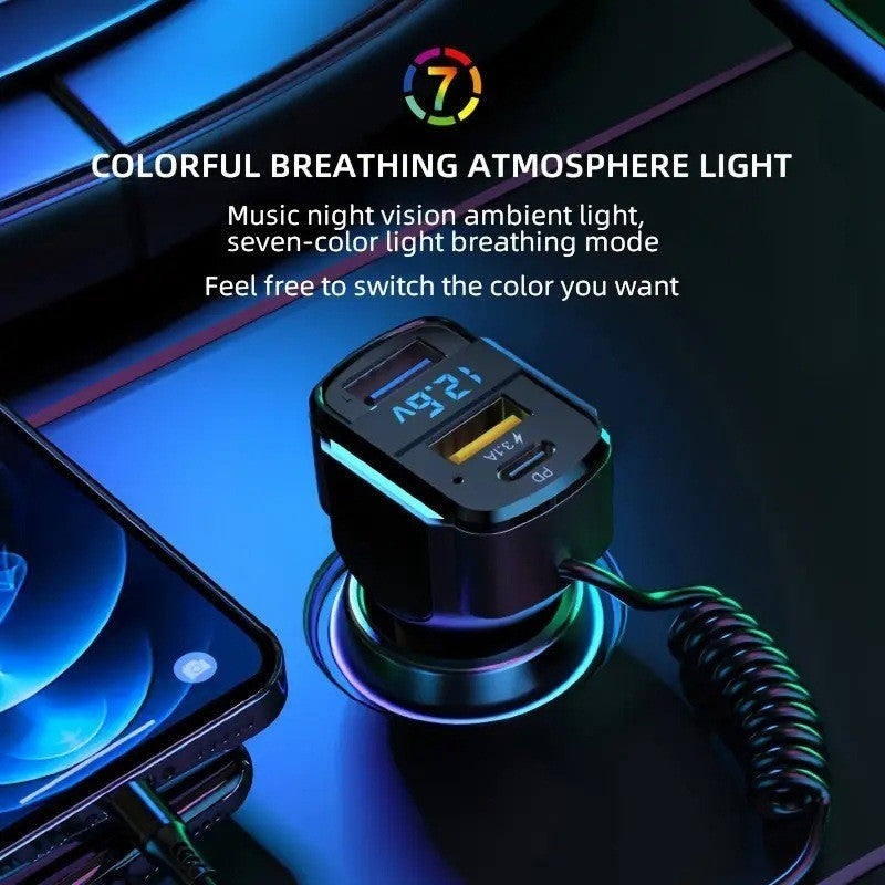3-in-1 Cable Car PD Charger Dual USB Fast Charging Cigarette Lighter Adapter
