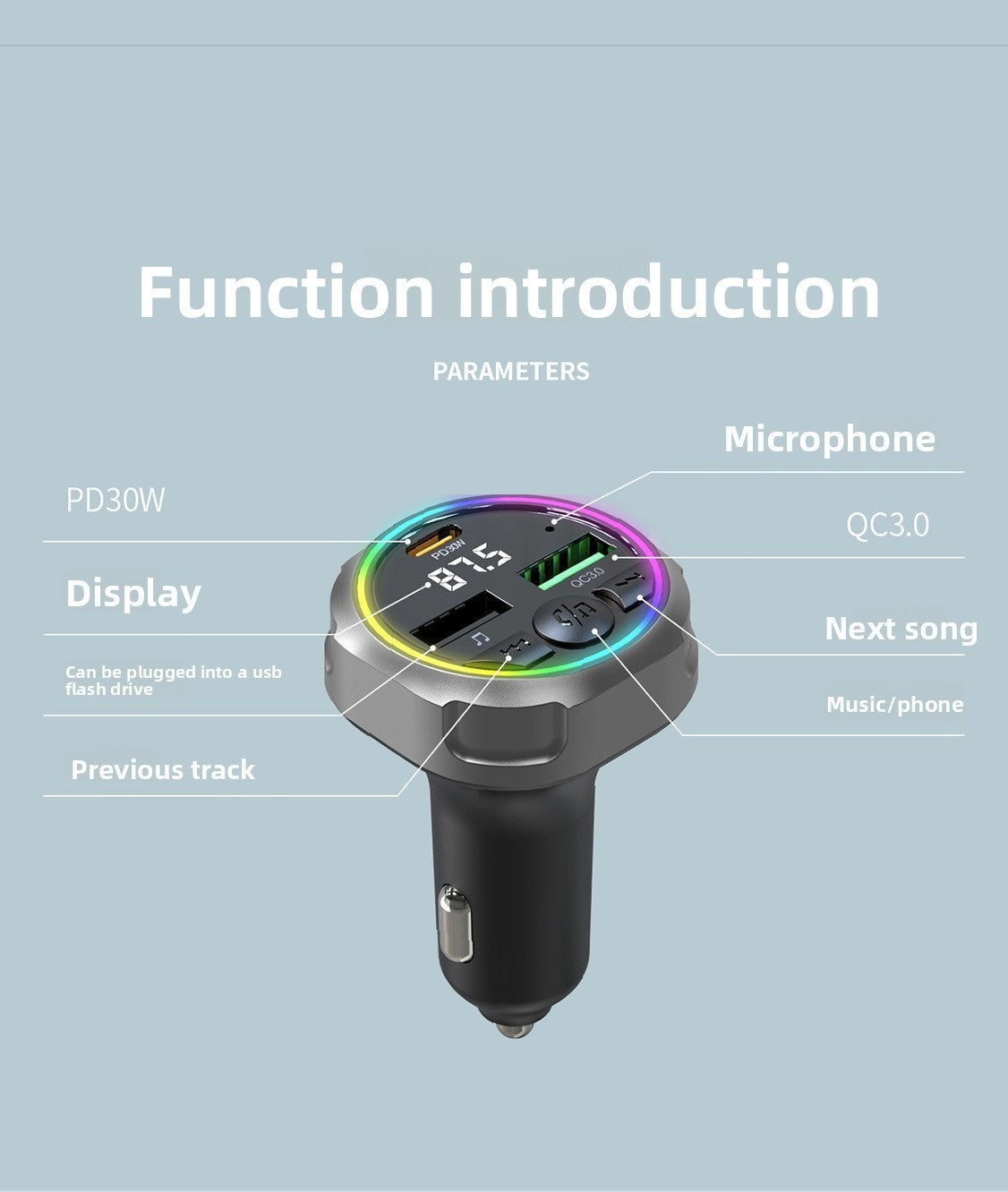 C63 Bluetooth Speakerphone Car FM Transmitter Super Fast Charging Visor Clip