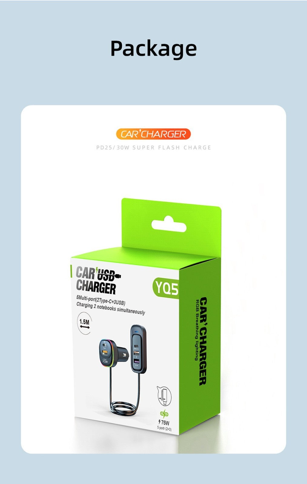 30W PD Fast Car Charger with Built-in Cable Rear Seat Multi-Port Clip