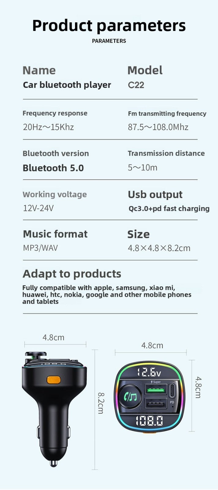 Bluetooth Car Receiver MP3 Player Dual Display Voltage PD Fast Charger