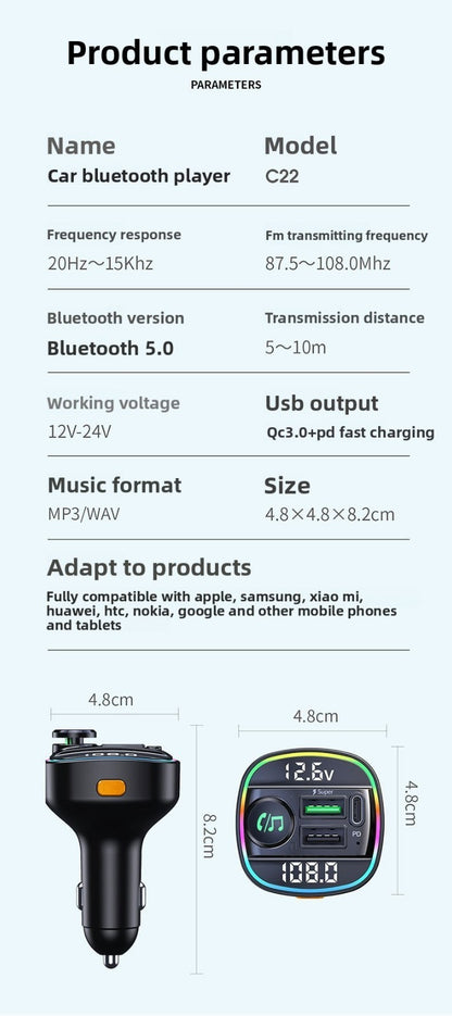 Bluetooth Car Receiver MP3 Player Dual Display Voltage PD Fast Charger