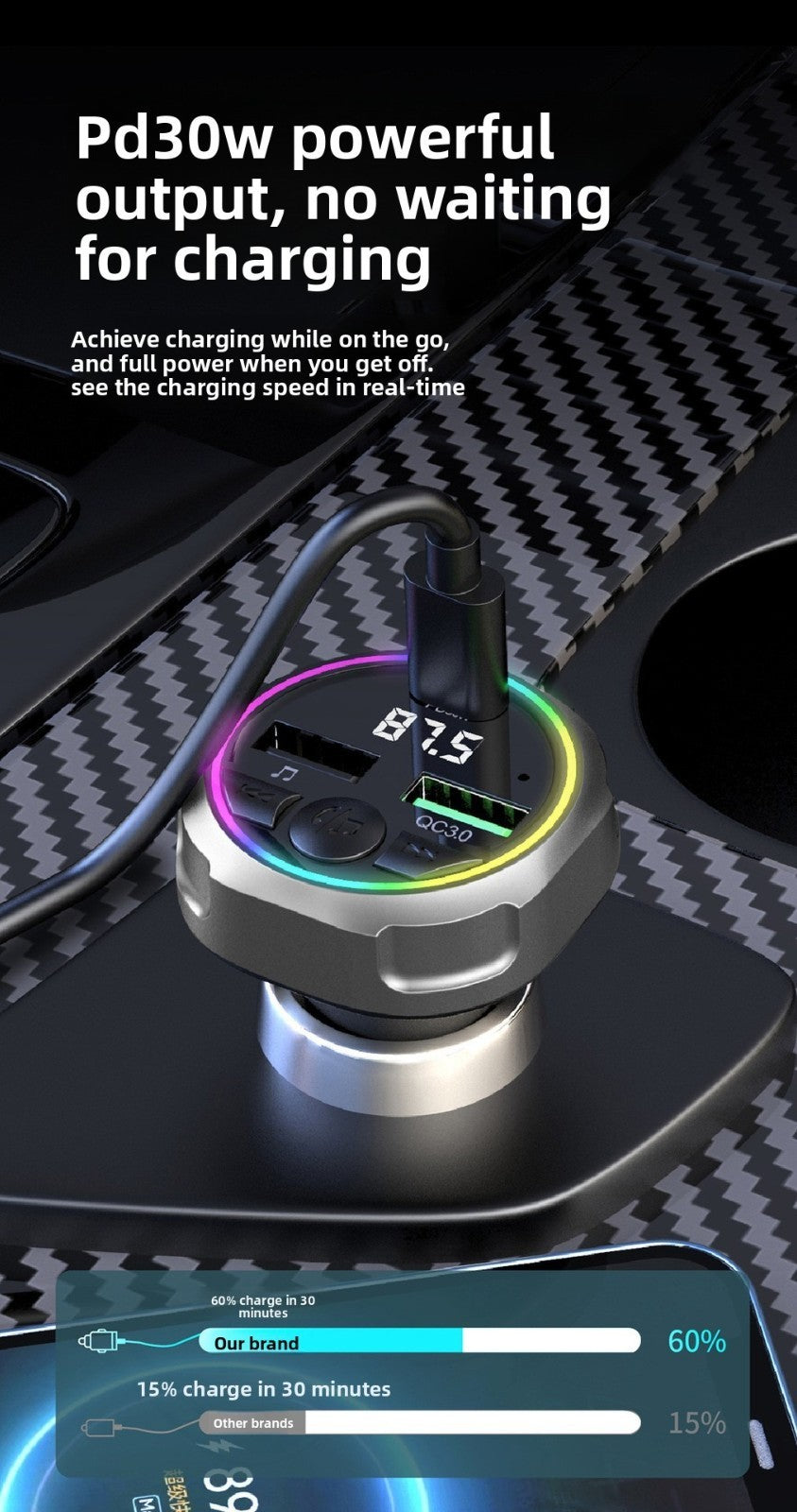 C63 Bluetooth Speakerphone Car FM Transmitter Super Fast Charging Visor Clip