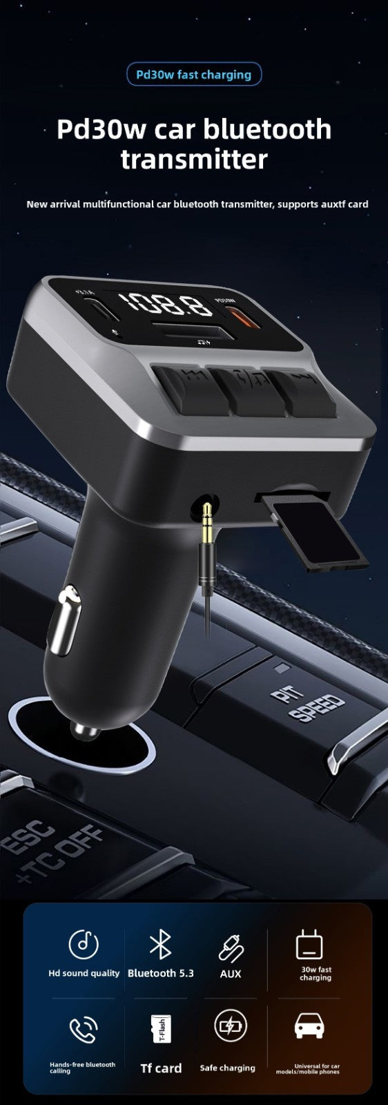 C65 Bluetooth Speakerphone FM Transmitter Fast Charging Visor Clip Mount