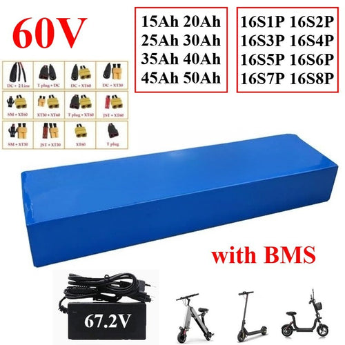 60V 30Ah 16S4P Li-ion Rechargeable Battery Pack with BMS for E-Bike Scooter