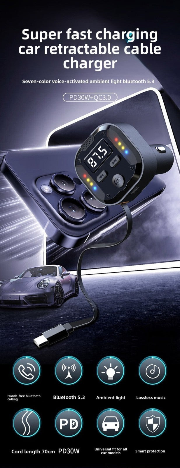 Super Fast Flash Charging Retractable Bluetooth Car Charger Dual USB Cigarette