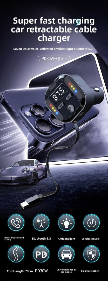 Super Fast Flash Charging Retractable Bluetooth Car Charger Dual USB Cigarette