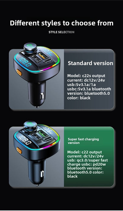 Bluetooth Car Receiver MP3 Player Dual Display Voltage PD Fast Charger