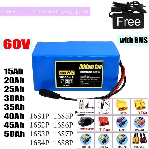 60V 16S2P Li-ion Battery with BMS  15Ah 20Ah 30Ah 50Ah for Electric Bicycle Pack