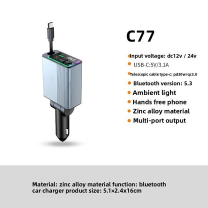 Super Fast Flash Charging Retractable Bluetooth Car Charger Dual USB Cigarette