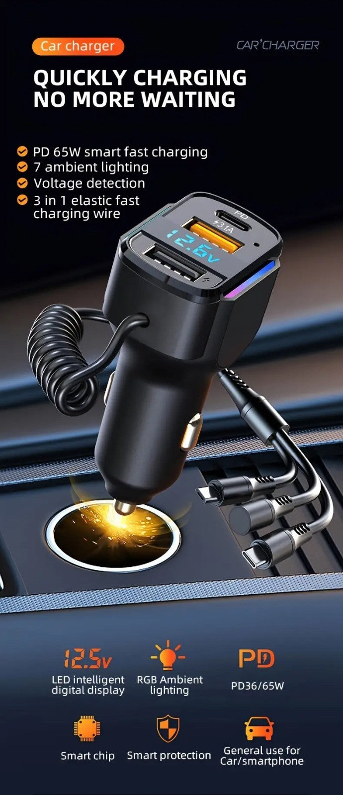 3-in-1 Cable Car PD Charger Dual USB Fast Charging Cigarette Lighter Adapter