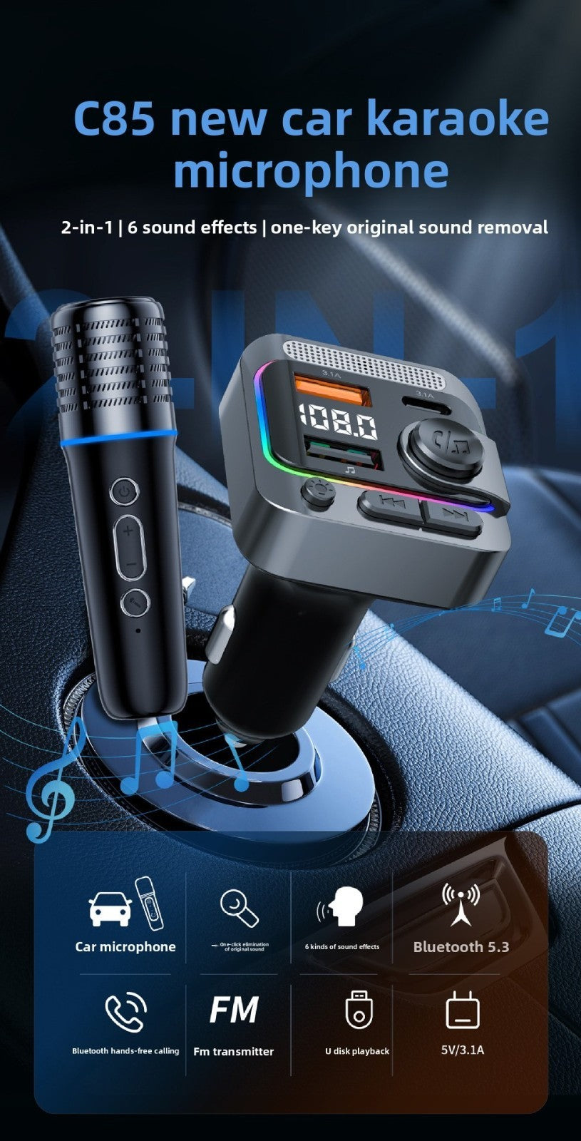 Wireless Bluetooth Karaoke Microphone Car MP3 Player FM Transmitter Charger