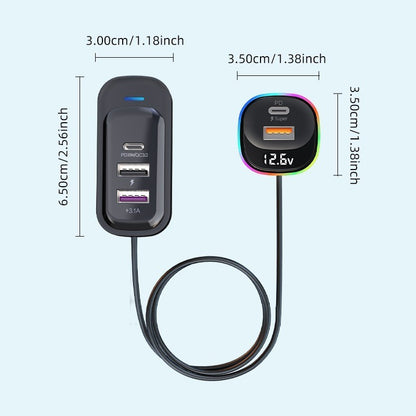 30W PD Fast Car Charger with Built-in Cable Rear Seat Multi-Port Clip