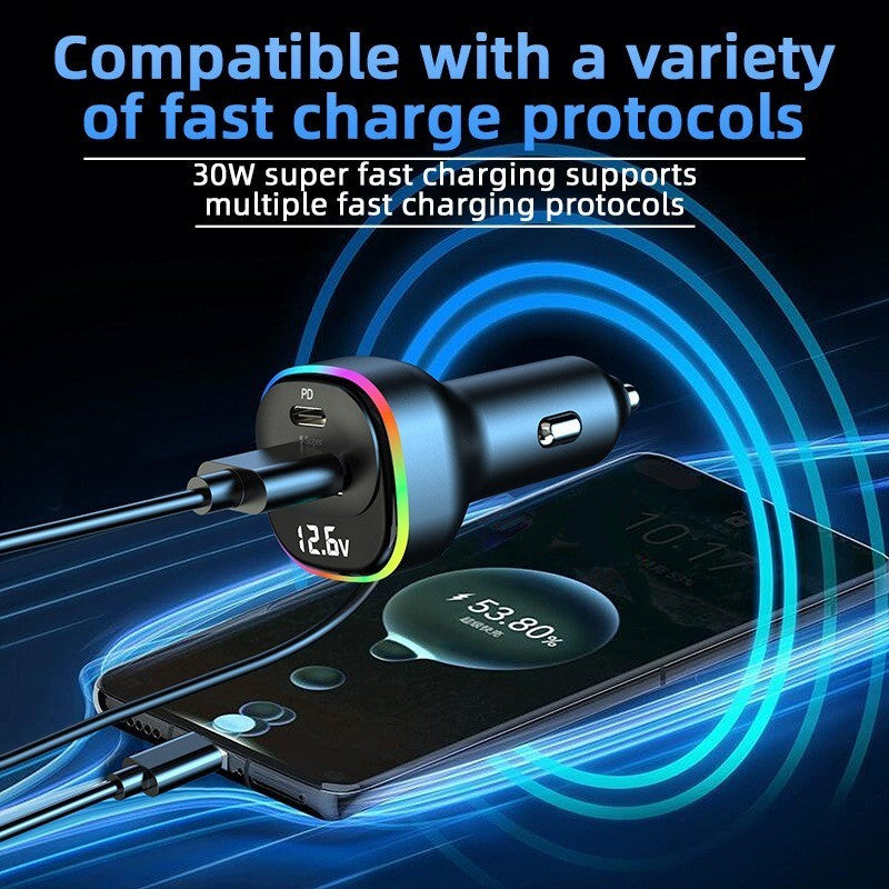 30W PD Fast Car Charger with Built-in Cable Rear Seat Multi-Port Clip