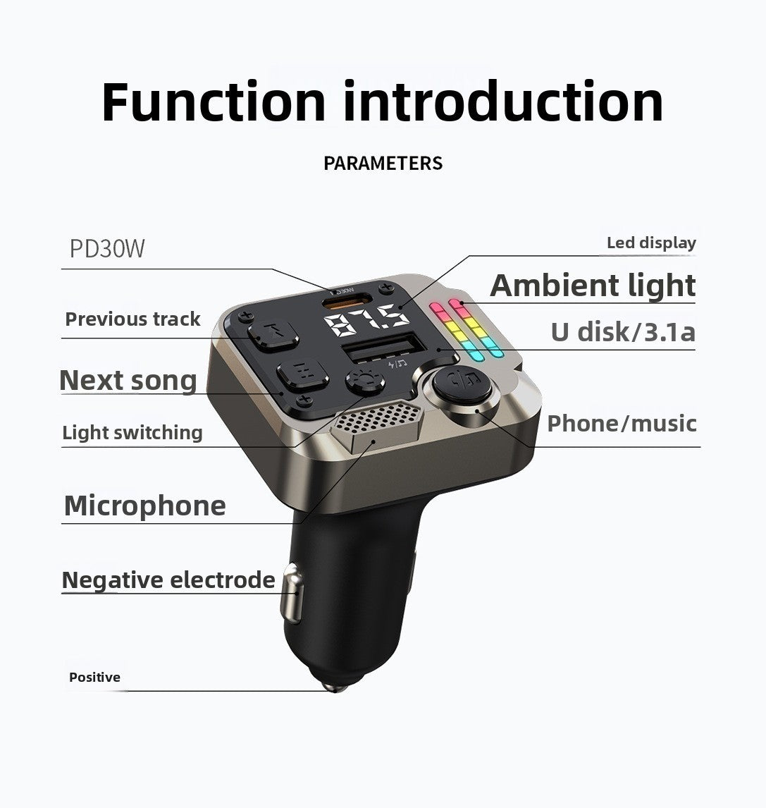 Dual Port Bluetooth Car Charger PD Fast Charging FM Transmitter MP3 Player