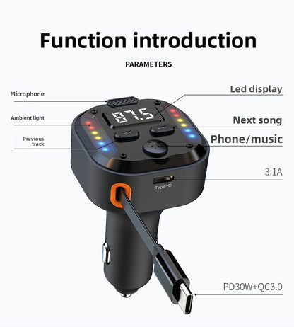 Super Fast Flash Charging Retractable Bluetooth Car Charger Dual USB Cigarette