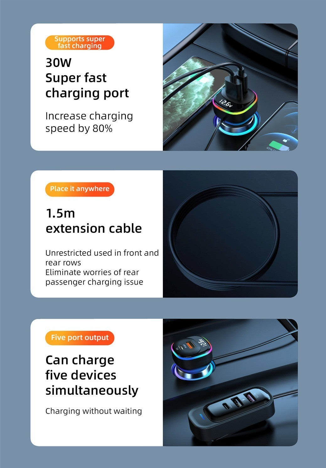 30W PD Fast Car Charger with Built-in Cable Rear Seat Multi-Port Clip