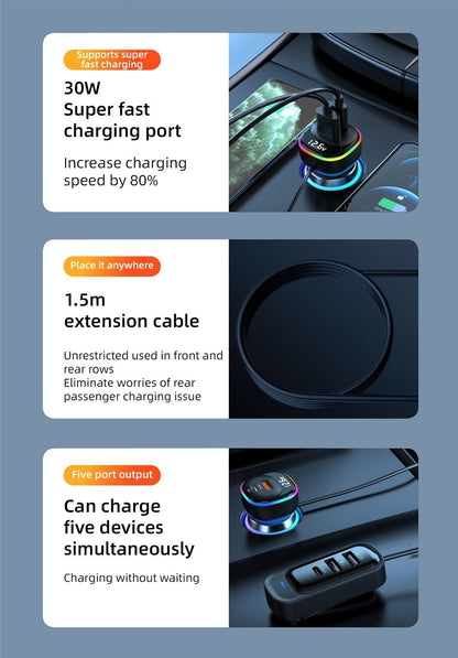 30W PD Fast Car Charger with Built-in Cable Rear Seat Multi-Port Clip