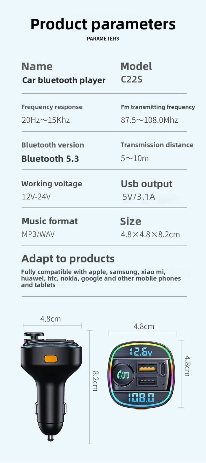 Bluetooth FM Transmitter Car MP3 Player Dual USB Fast Charger HD Dual Display